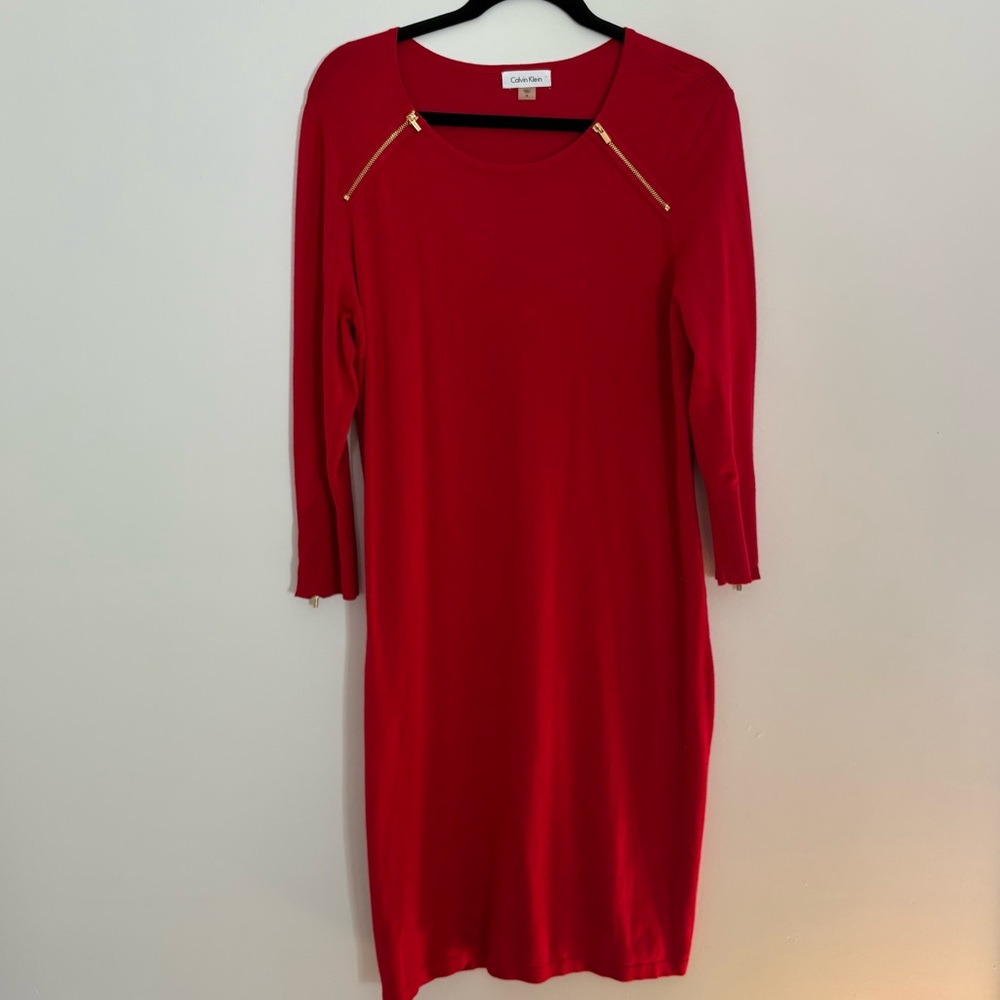 Calvin Klein Long Sleeve Red Zipper Accent Gold Body Con Sheath Dress XL